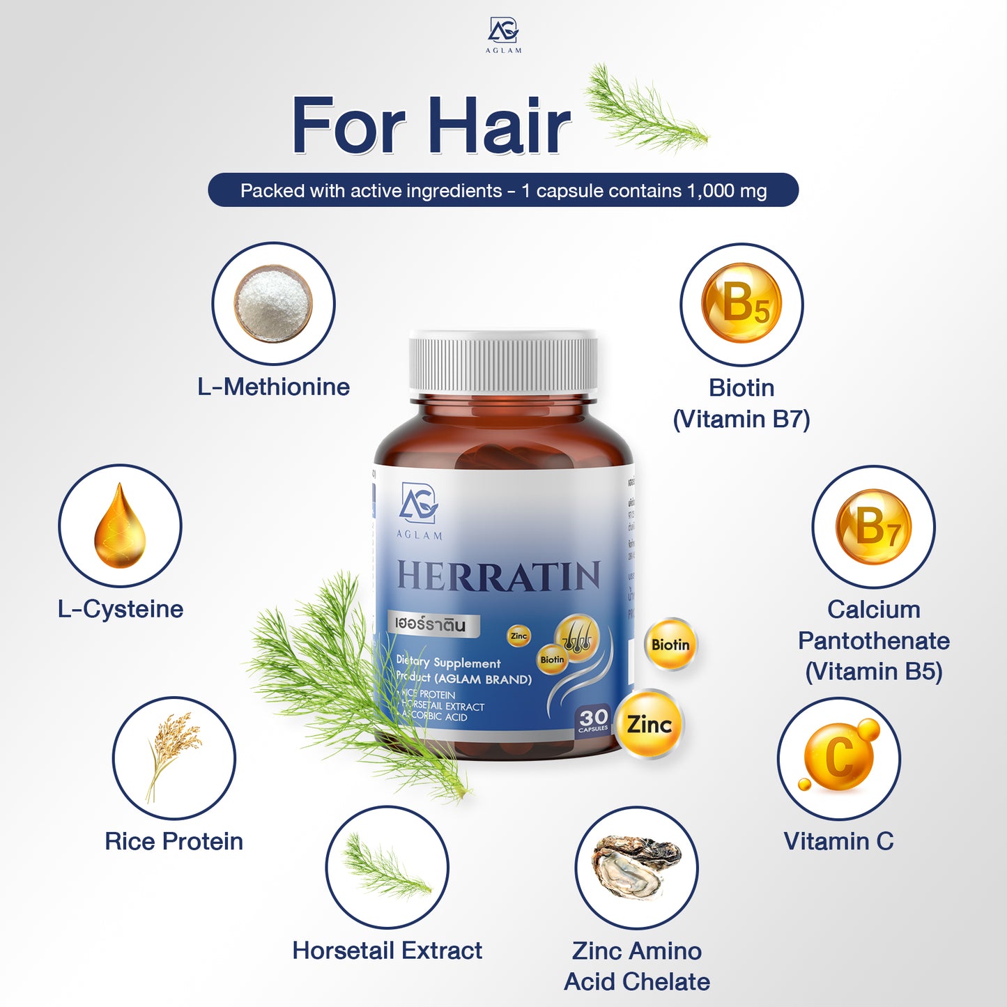 AGLAM Herratin Hair Regrowth Supplement 1000mg 30 Capsules